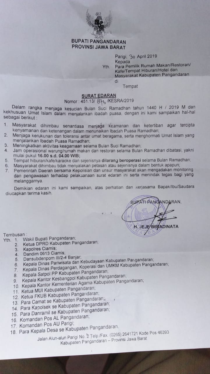 Surat Edaran Bupati Pangandaran Perihal Bulan Ramadhan 1440 H/2019 M