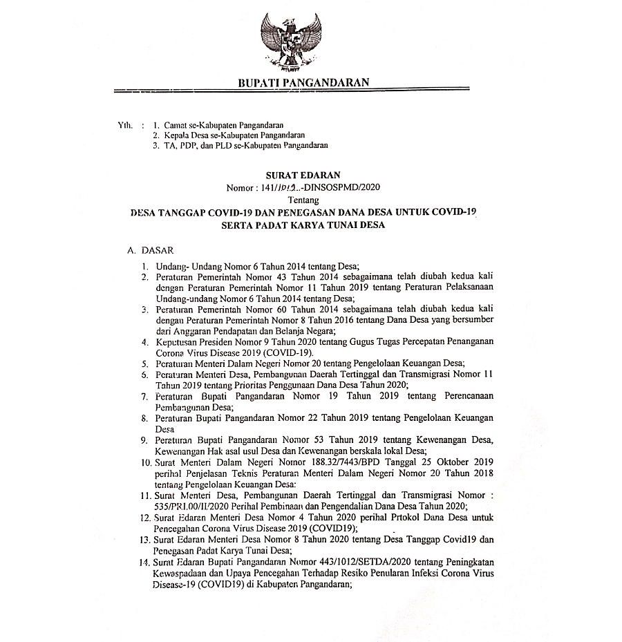 Surat Edaran Bupati Pangandaran tentang Desa Tanggap COVID-19
